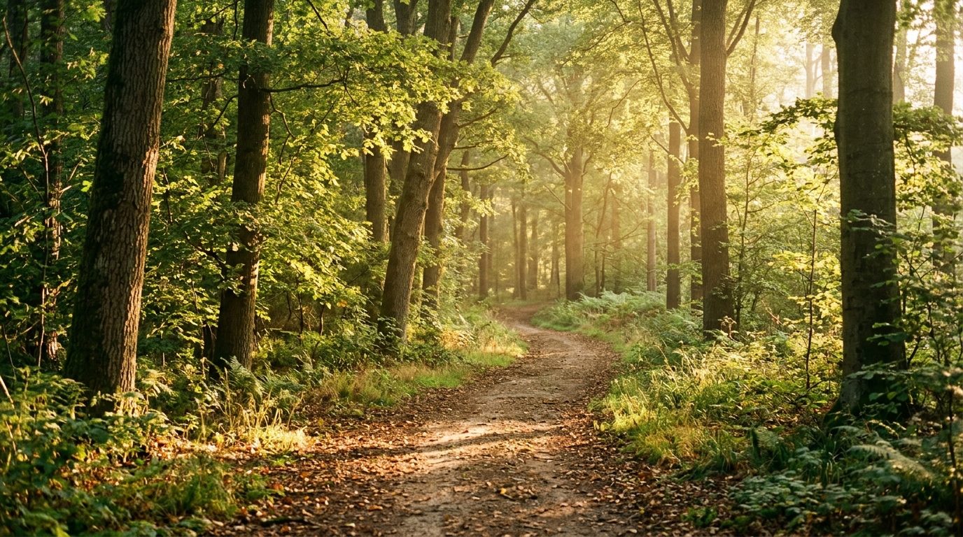 Sentier boisé baigné d'une douce lumière matinale invitant à l'apaisement intérieur