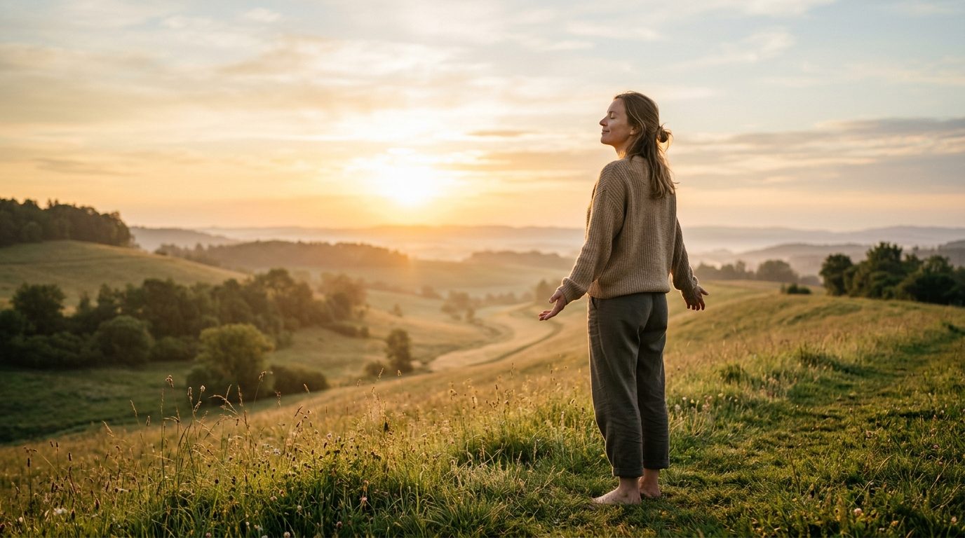 Une personne sereine contemplant le lever du soleil dans un état de paix et d'alignement intérieur