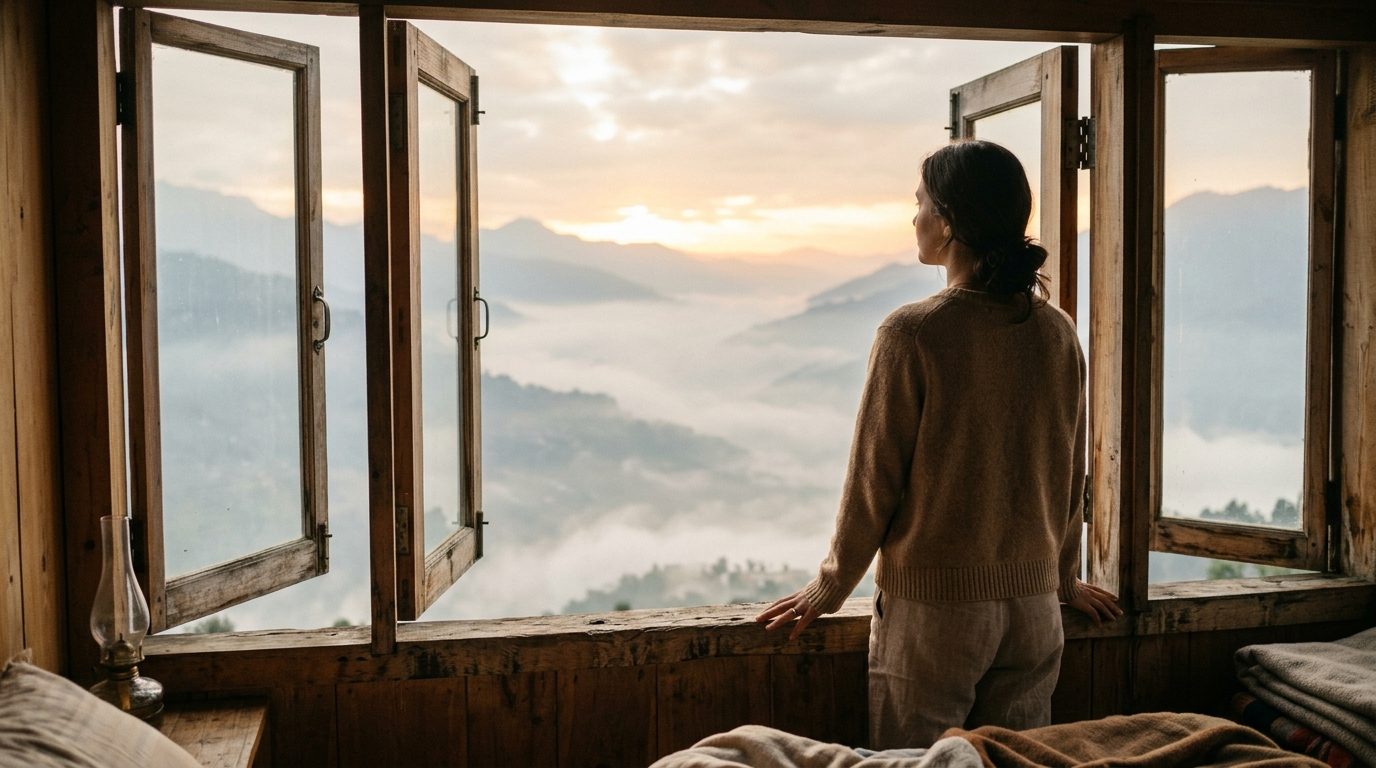 Une personne contemplative devant une fenêtre ouverte face à la nature au lever du soleil