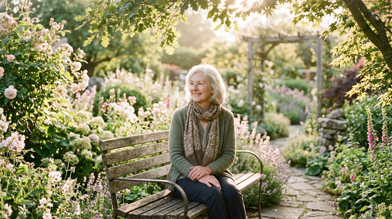 Une personne sereine assise dans un jardin ensoleillé, incarnant le renouveau et la paix intérieure à 60 ans