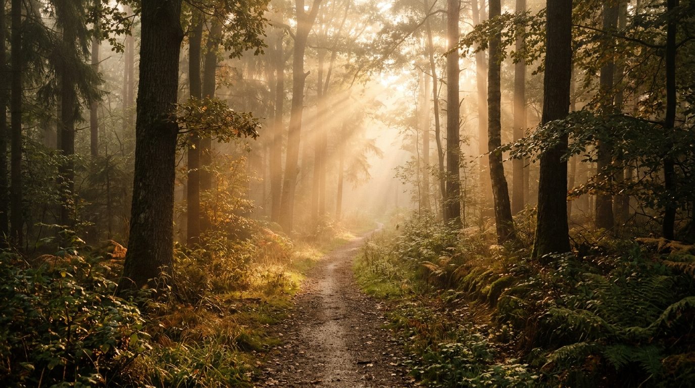 Chemin paisible en forêt éclairé par les rayons dorés du lever de soleil, symbole de renouveau et de paix intérieure