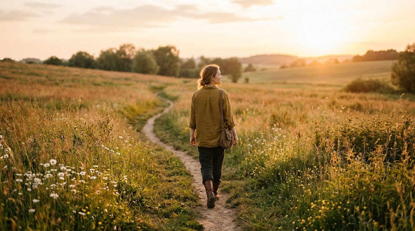 Une personne marchant sereinement sur un chemin éclairé par la douce lumière du coucher de soleil, symbole de paix intérieure