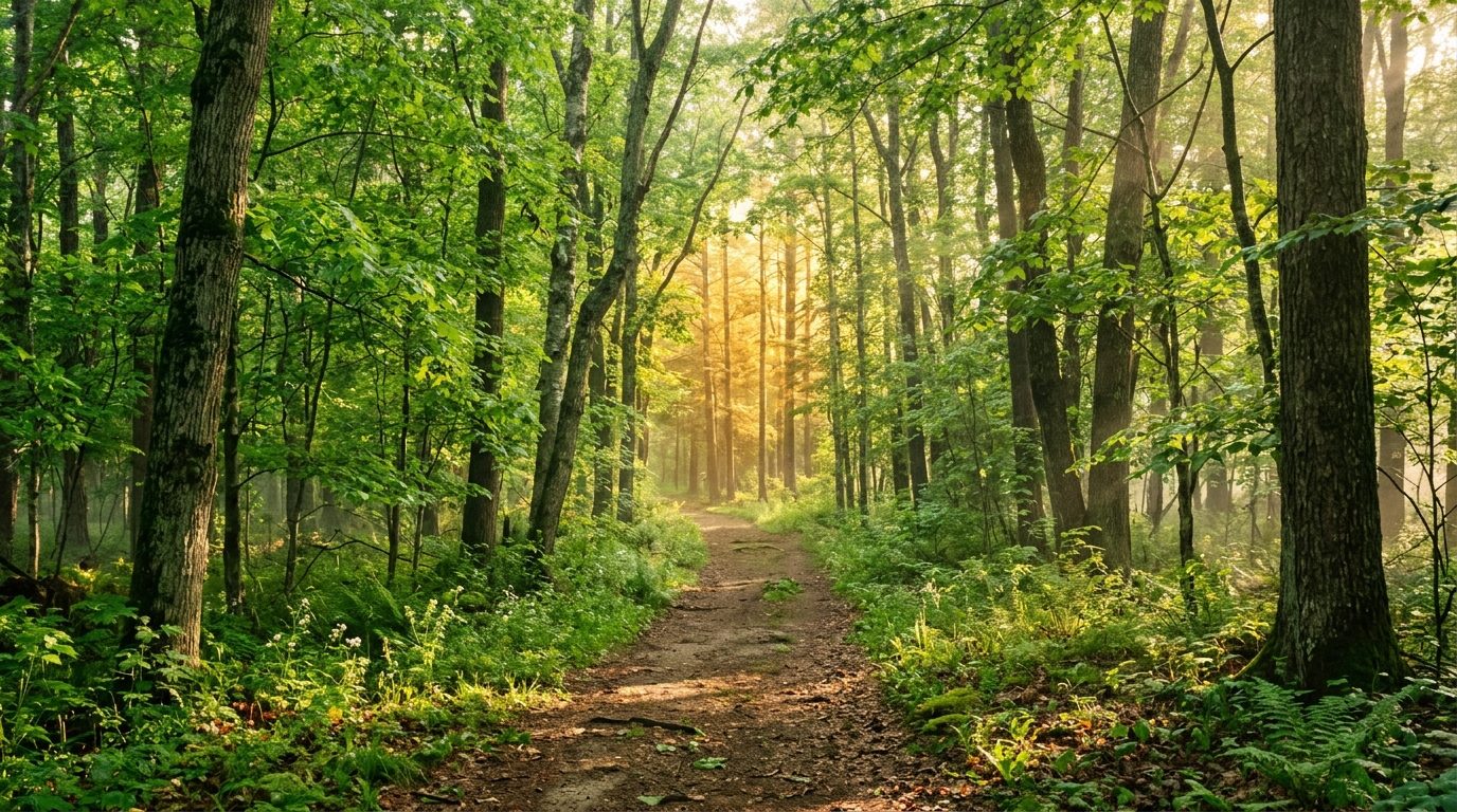 Un chemin paisible et ensoleillé en forêt symbolisant une nouvelle orientation de vie