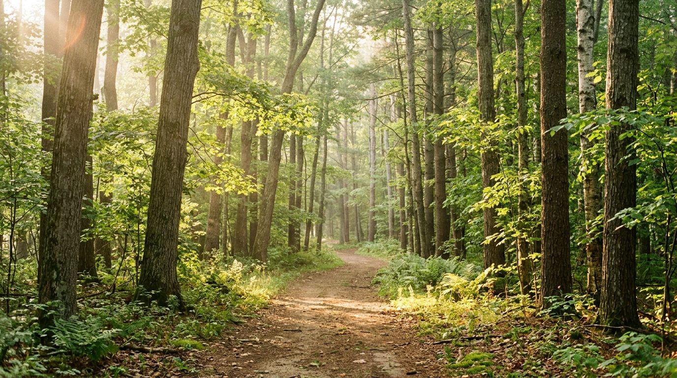Chemin paisible dans une forêt baignée par la lumière du matin, évoquant le renouveau et la paix intérieure
