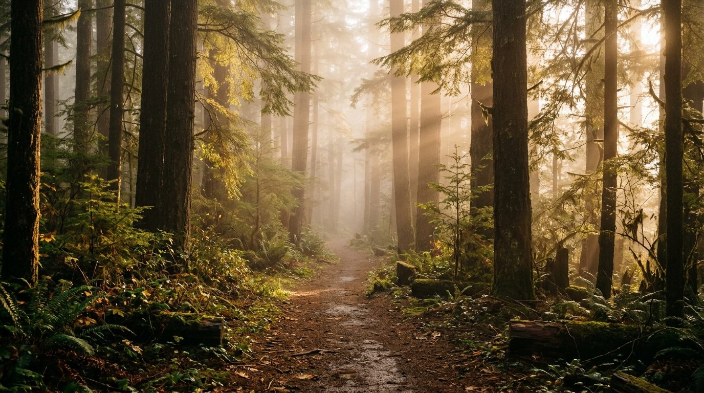 Chemin paisible dans une forêt baignée par la douce lumière dorée du matin