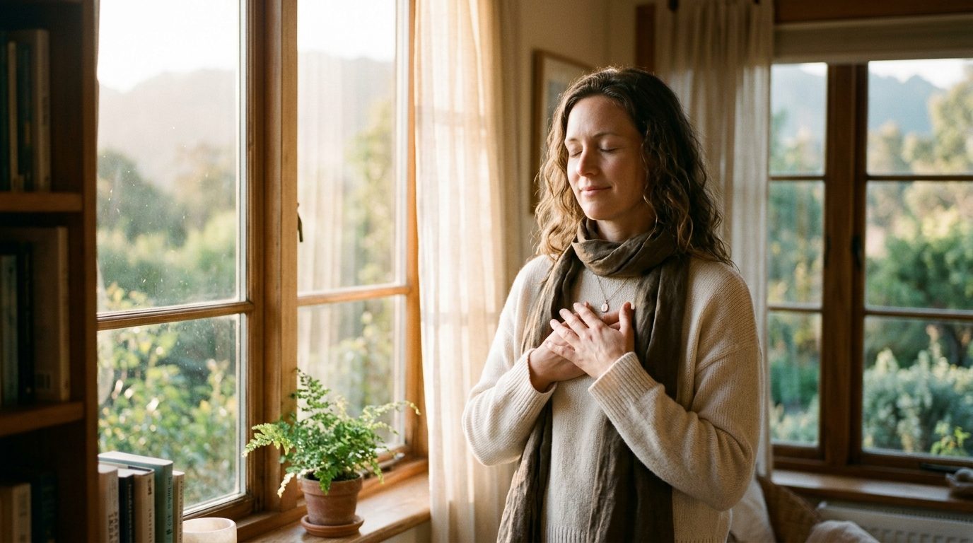 Une personne sereine baignée de lumière douce, symbole de confiance en soi retrouvée et de paix intérieure