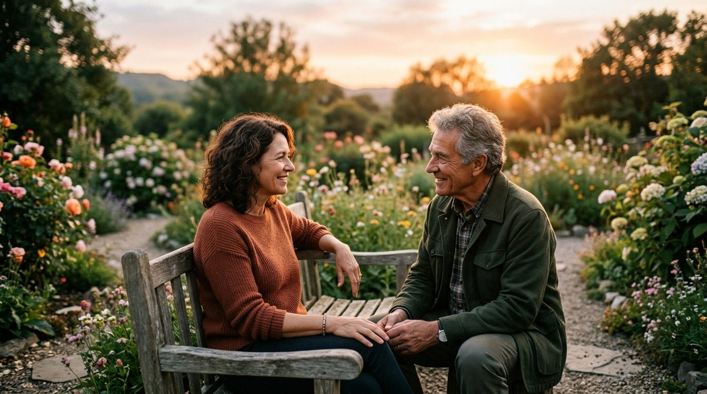 Deux personnes échangeant calmement dans un cadre naturel au coucher du soleil, symbolisant l'écoute et la reconstruction du lien.