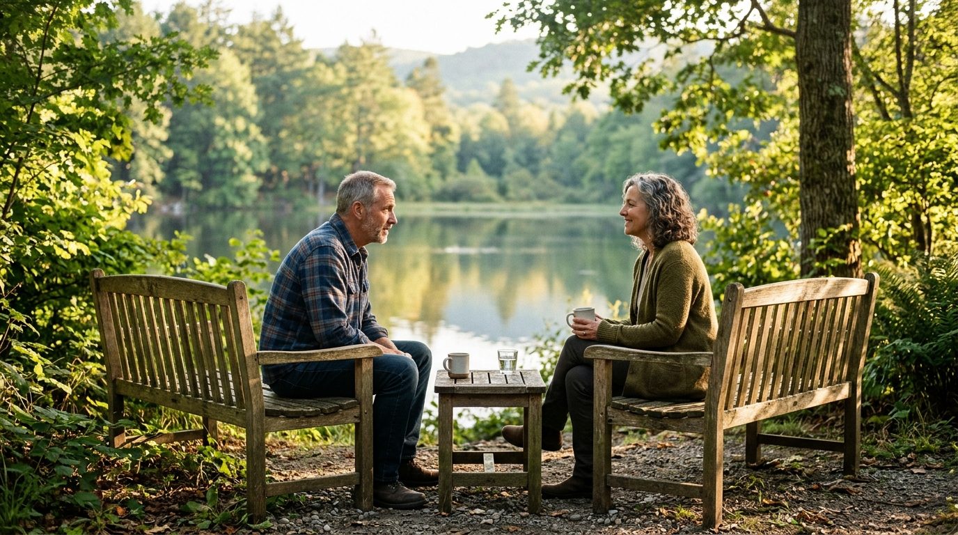 Deux personnes dialoguant sereinement dans un environnement naturel apaisant
