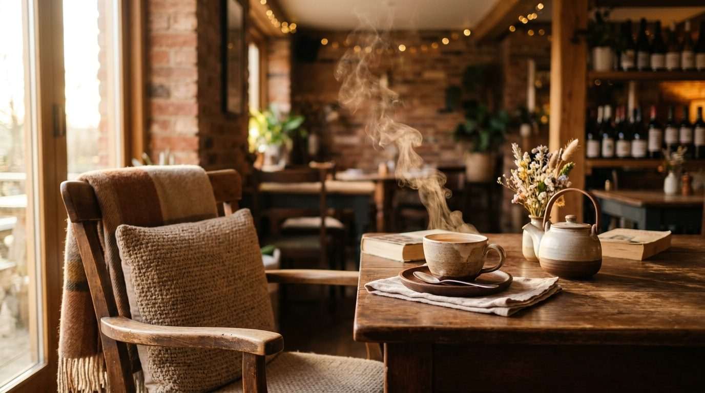 Atmosphère calme et sereine à la table d'un restaurant chaleureux aux lumières douces
