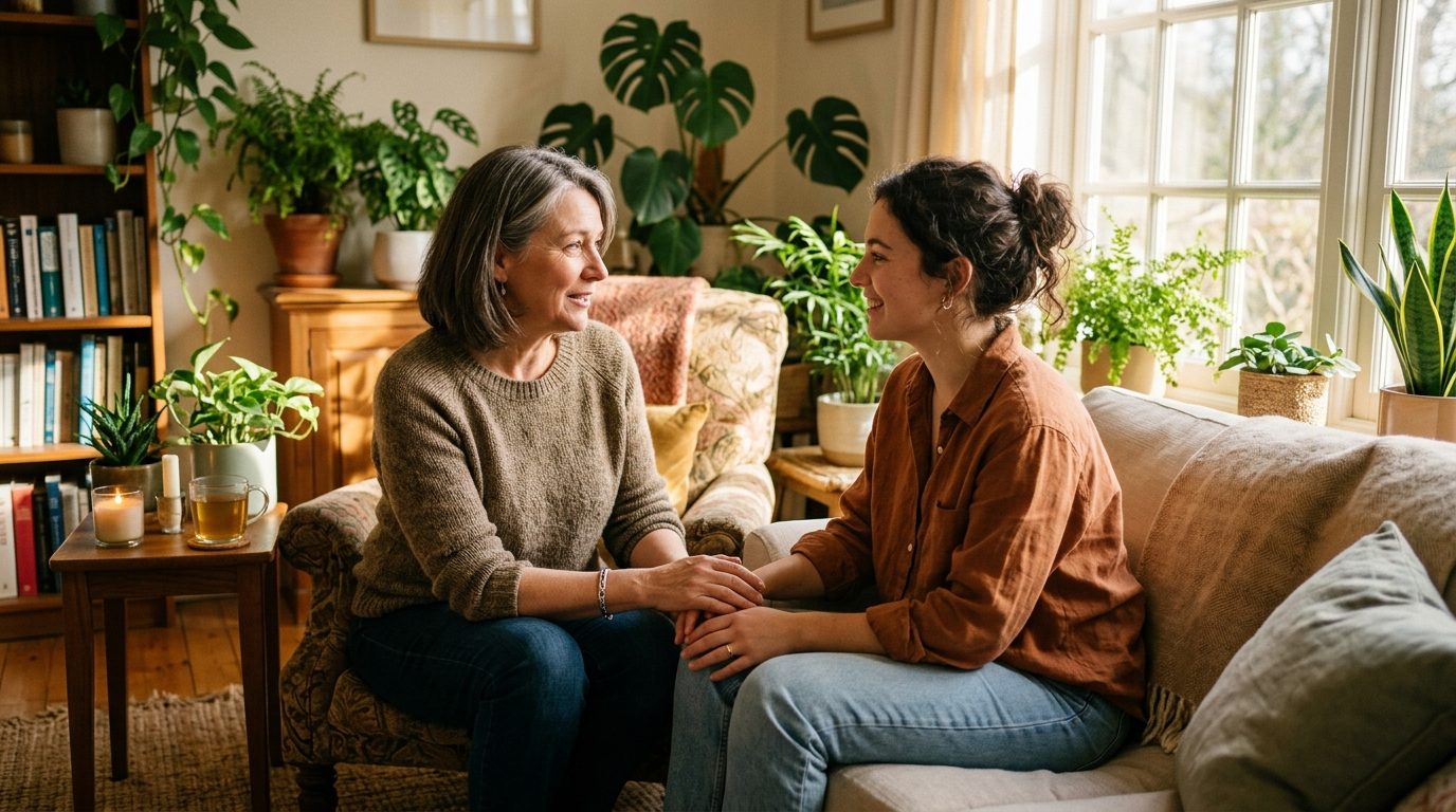 Échange chaleureux et bienveillant entre deux personnes illustrant l'écoute profonde et la communication du cœur