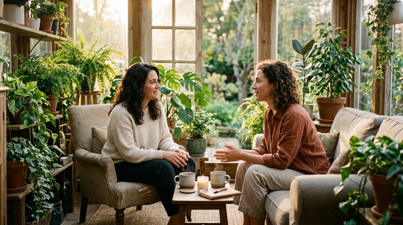 Moment de dialogue bienveillant et apaisé dans une pièce baignée de lumière naturelle