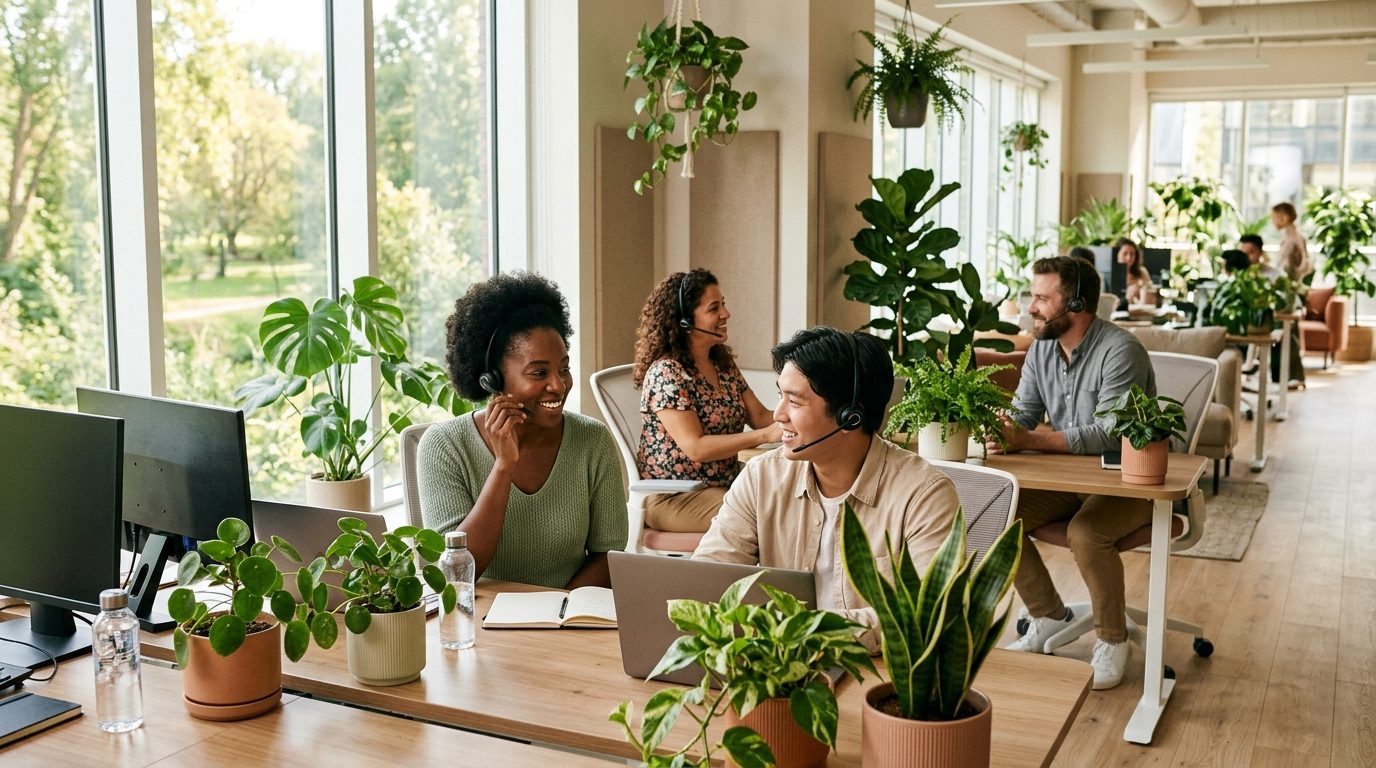 Équipe de téléconseillers souriants collaborant avec bienveillance dans un espace de travail lumineux et apaisant