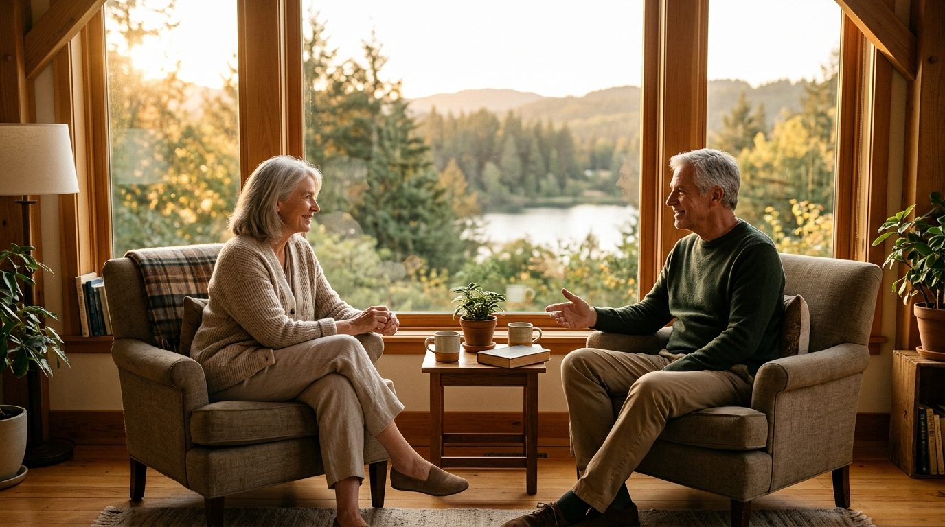 Échange chaleureux et serein entre deux personnes illustrant une communication authentique et bienveillante