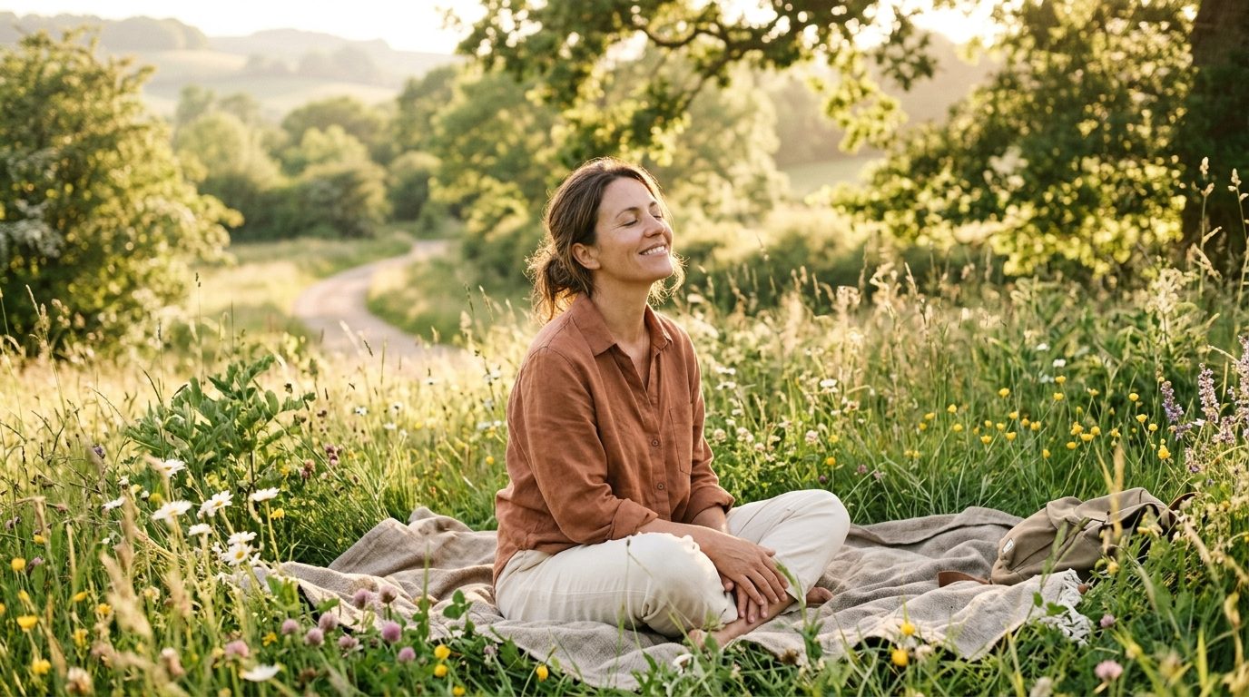 Personne assise sereinement dans la nature, symbolisant le retour au calme et la confiance retrouvée après un épuisement