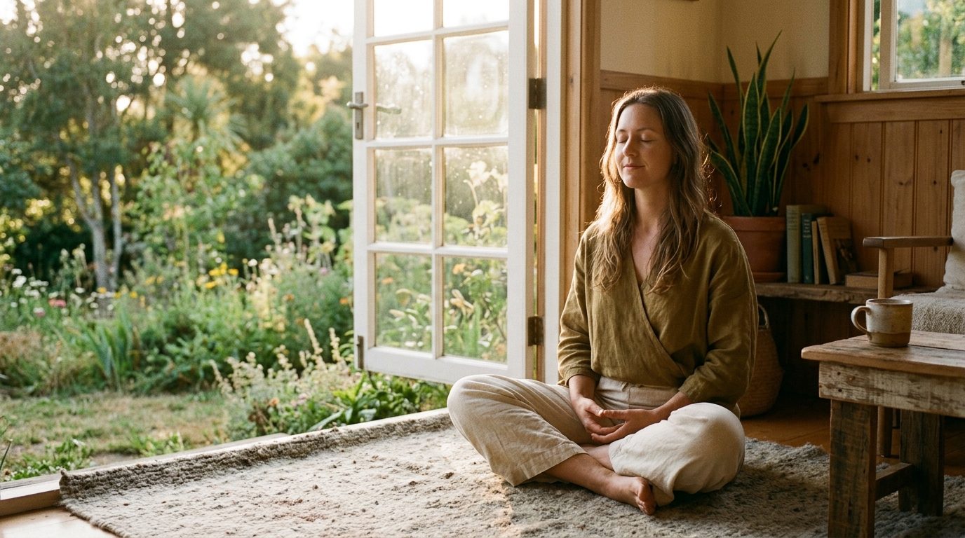 Personne assise paisiblement dans la lumière du matin retrouvant son calme intérieur