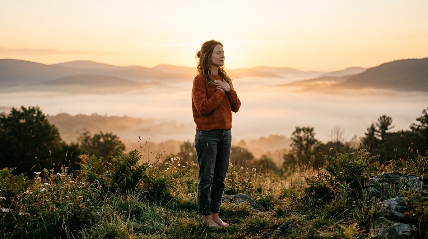 Personne sereine méditant au lever du soleil et cultivant la confiance en soi