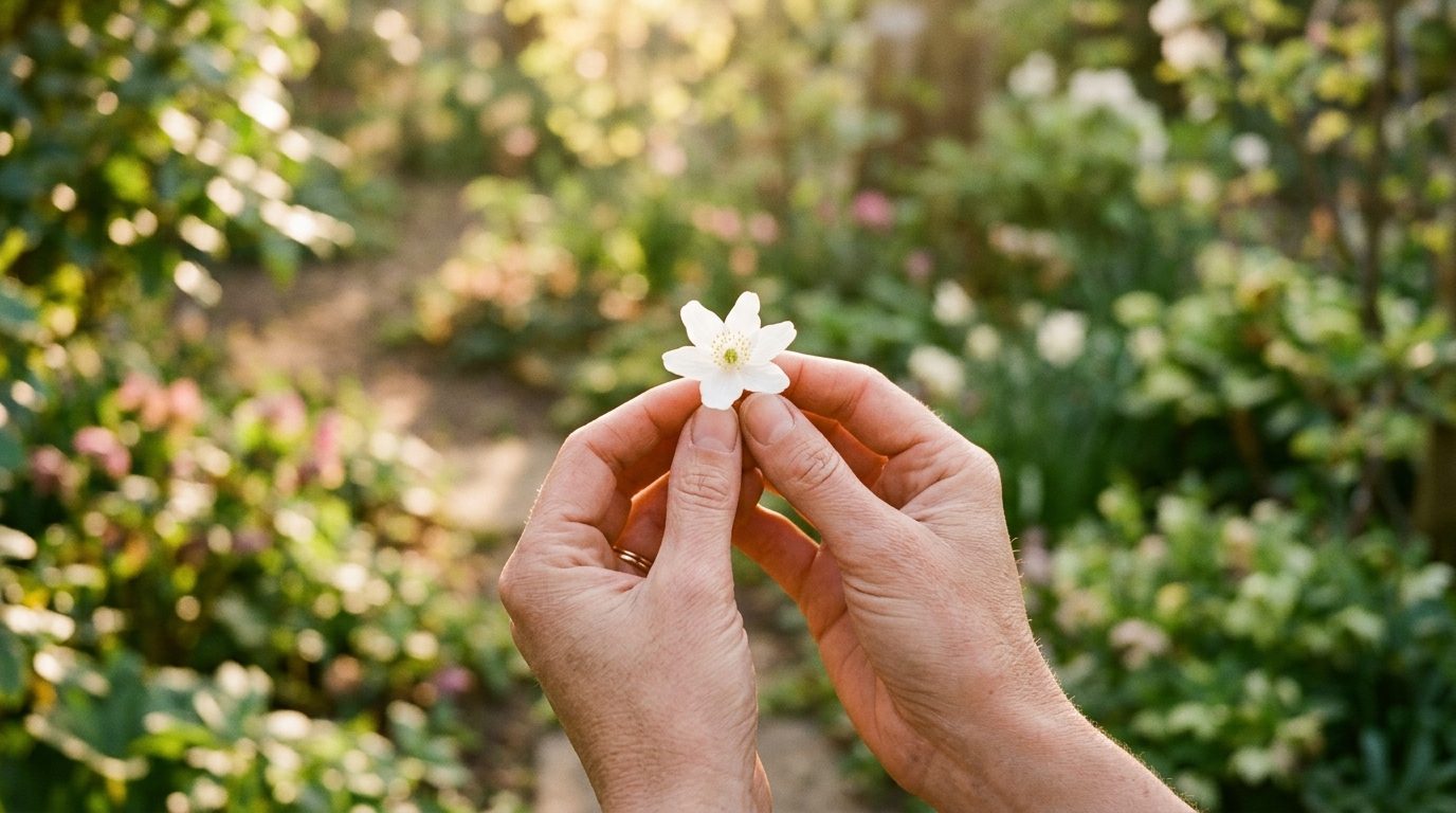 Mains bienveillantes tenant délicatement une fleur baignée de lumière naturelle, évoquant la paix intérieure et la douceur relationnelle.
