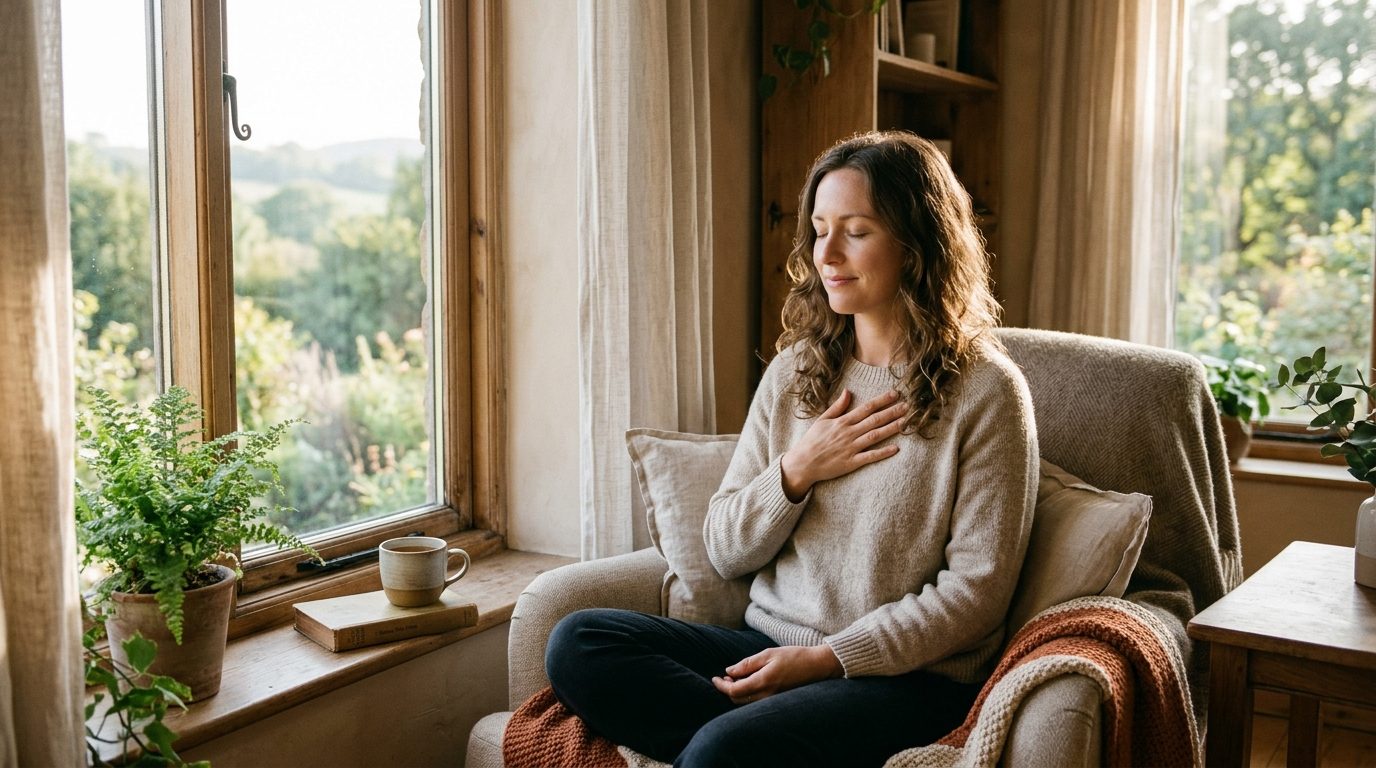 Femme apaisée posant la main sur son cœur près d'une fenêtre lumineuse pour retrouver la paix intérieure