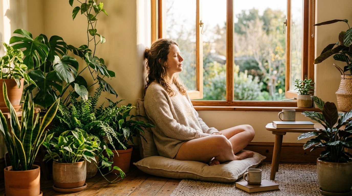 Une personne assise paisiblement dans la lumière matinale, illustrant le calme intérieur et la confiance retrouvée.