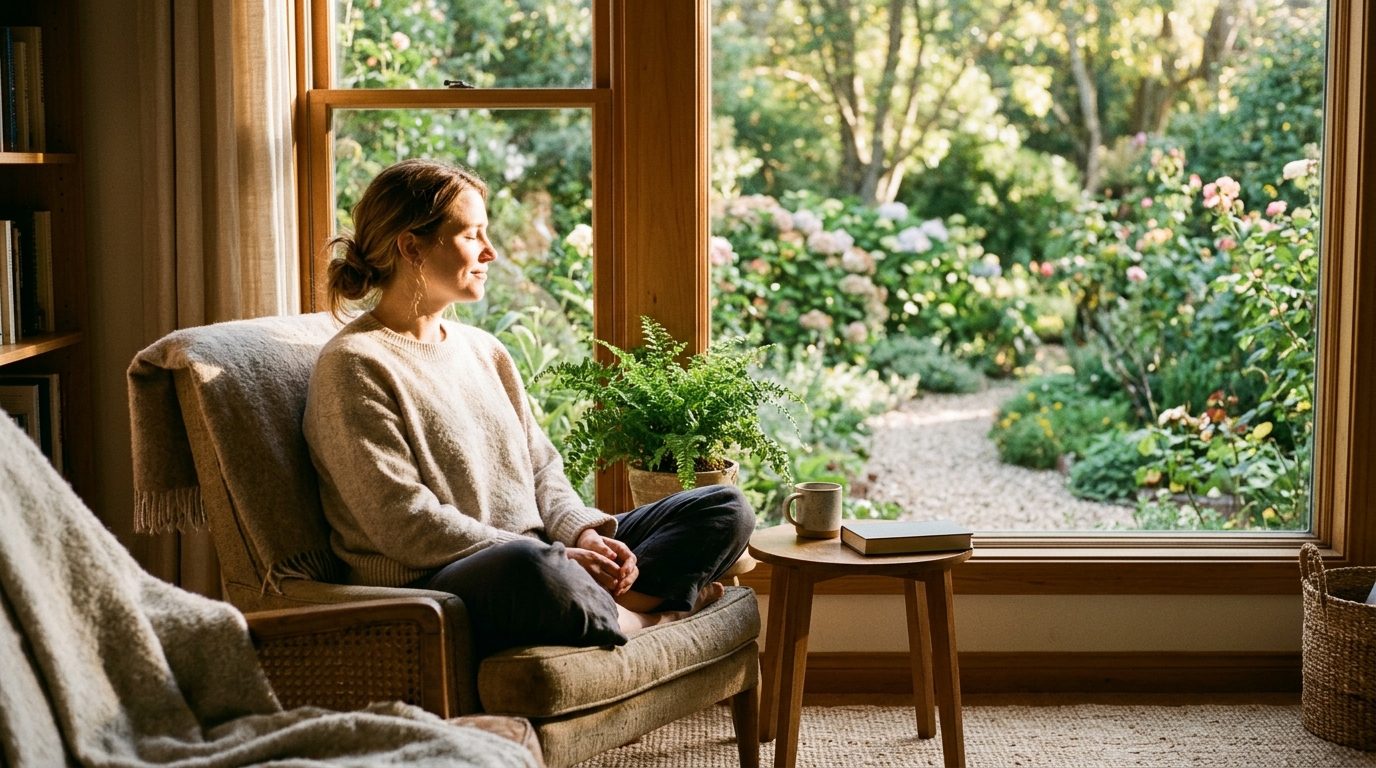 Personne assise paisiblement près d'une fenêtre baignée de lumière matinale, illustrant le retour au calme intérieur.
