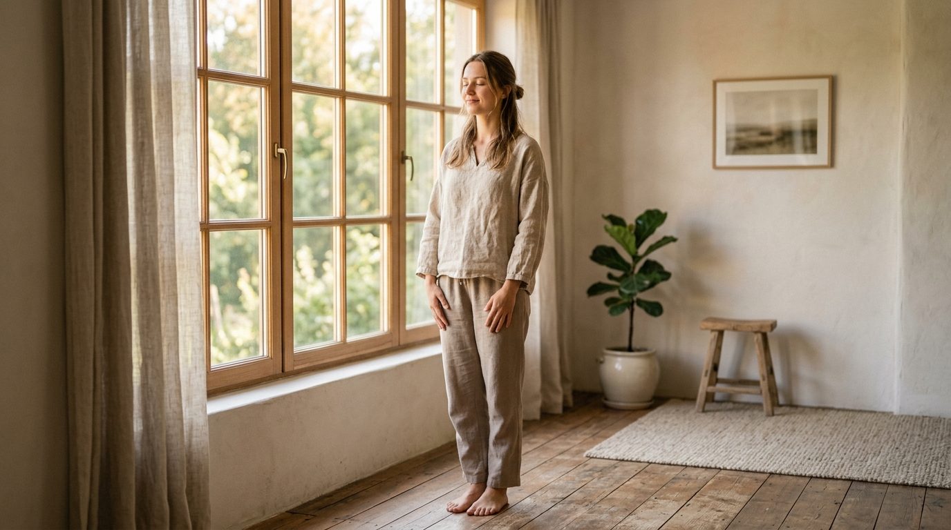 Personne sereine et apaisée baignée de lumière naturelle, symbolisant la paix intérieure et la confiance face au monde