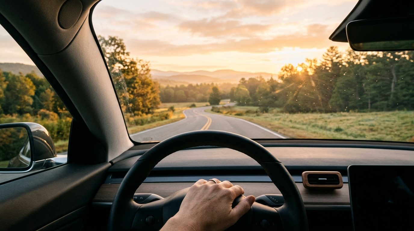 Mains posées sereinement sur le volant d'une voiture sur une route paisible au lever du soleil