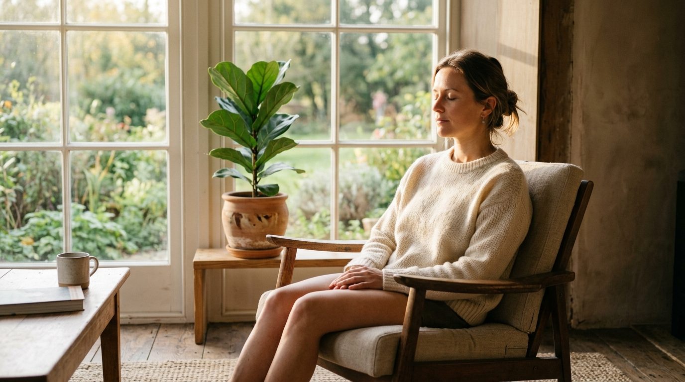 Femme assise près d'une fenêtre apaisée et respirant calmement pour déstresser