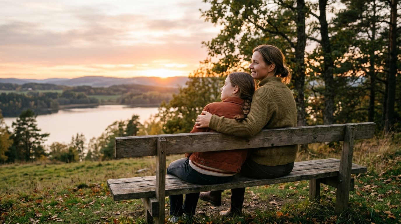 Parent et adolescent échangeant un moment de complicité et de sérénité au coucher du soleil