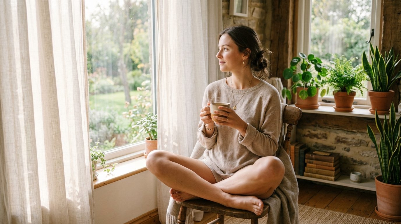 Moments d'apaisement intérieur et de sérénité au calme face à une fenêtre ensoleillée