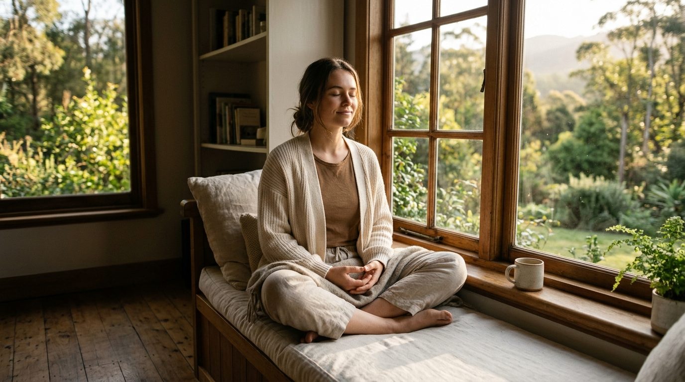 Personne assise paisiblement près d'une fenêtre baignée de lumière naturelle, symbolisant le retour au calme et l'apaisement intérieur.