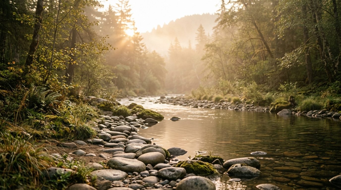 Atmosphère paisible de nature au lever du soleil pour symboliser l'apaisement du stress et la paix intérieure