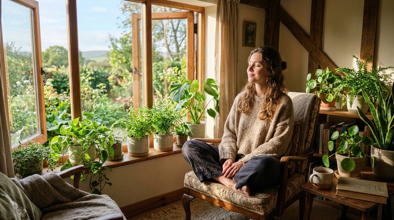 Moment de calme intérieur et de méditation face à la lumière naturelle pour apaiser le stress.