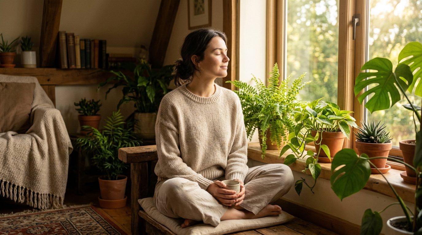 Femme sereine respirant doucement au soleil pour apaiser son stress