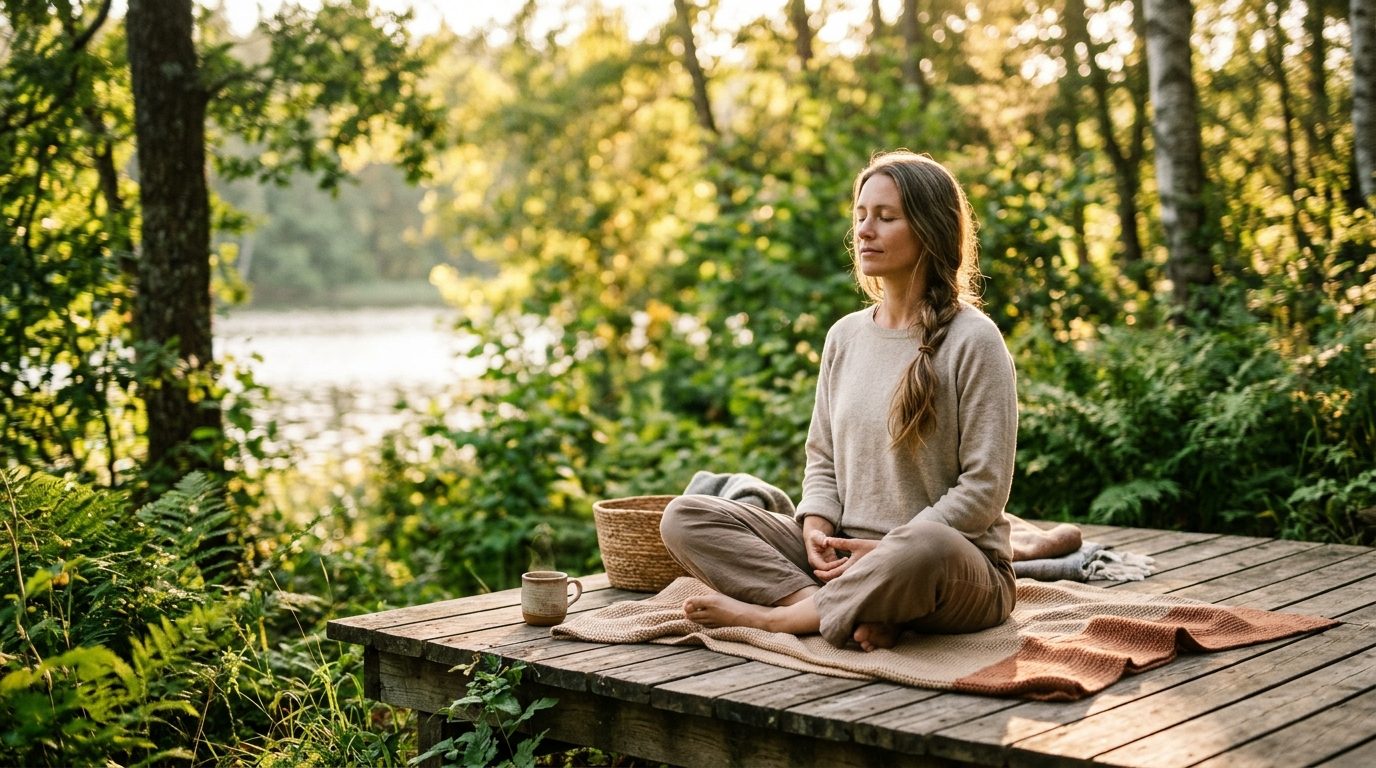 Une personne assise paisiblement respirant la lumière du matin pour apaiser le stress naturellement