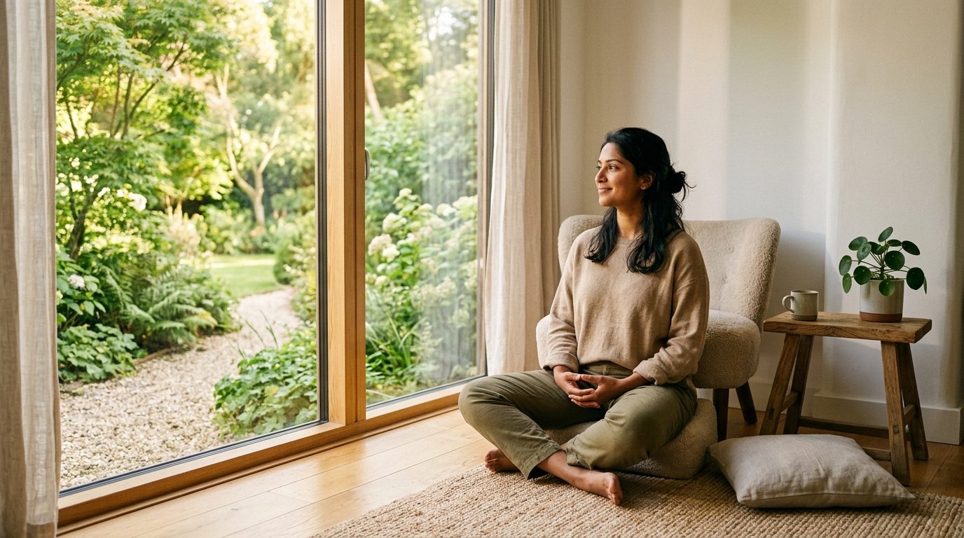 Personne assise paisiblement près d'une fenêtre lumineuse cultivant la détente et la sérénité intérieure
