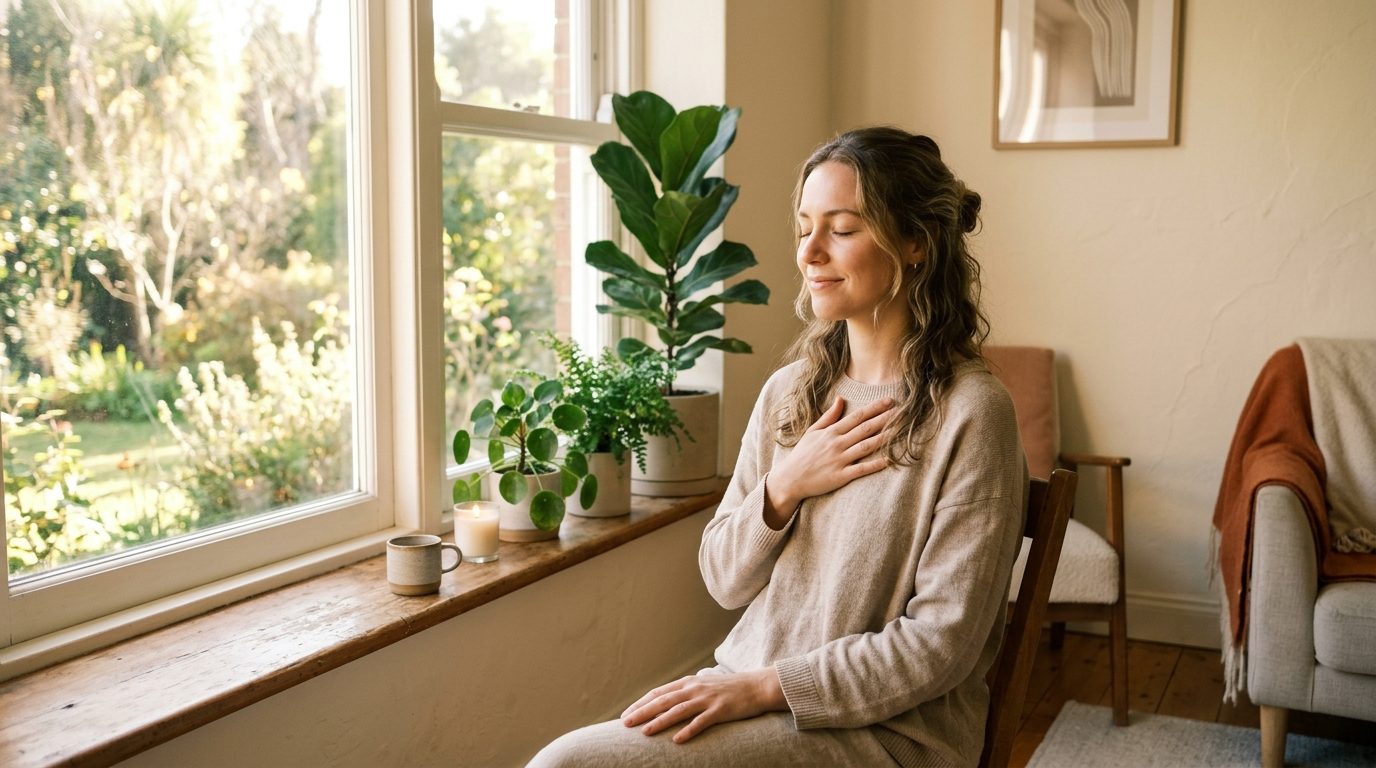 Femme apaisée fermant les yeux et posant la main sur son cœur pour retrouver son calme intérieur