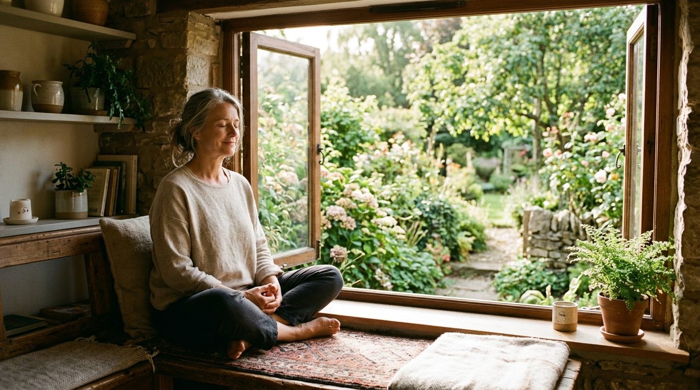 Personne assise paisiblement près d'une fenêtre ensoleillée, respirant dans la quiétude et la sérénité