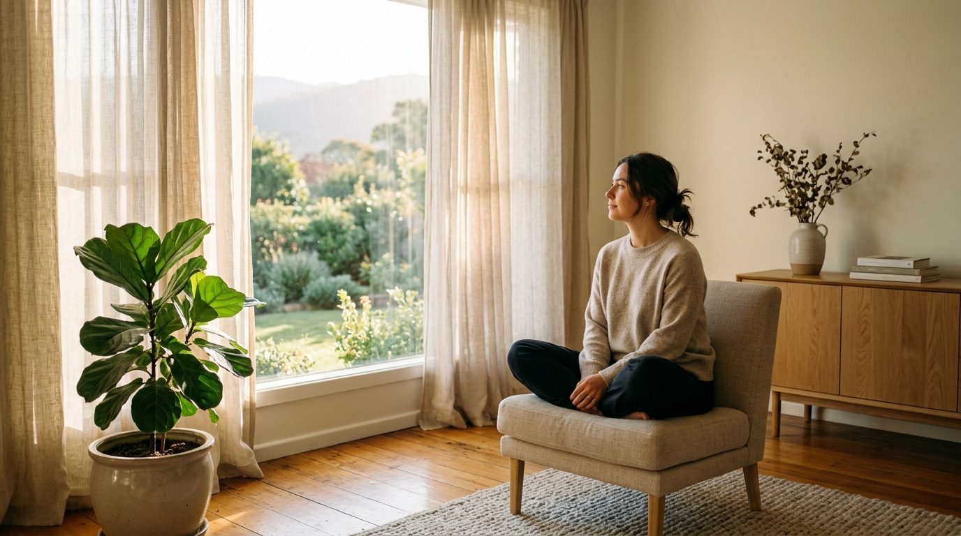 Personne assise paisiblement dans une pièce lumineuse favorisant le calme intérieur et la détente