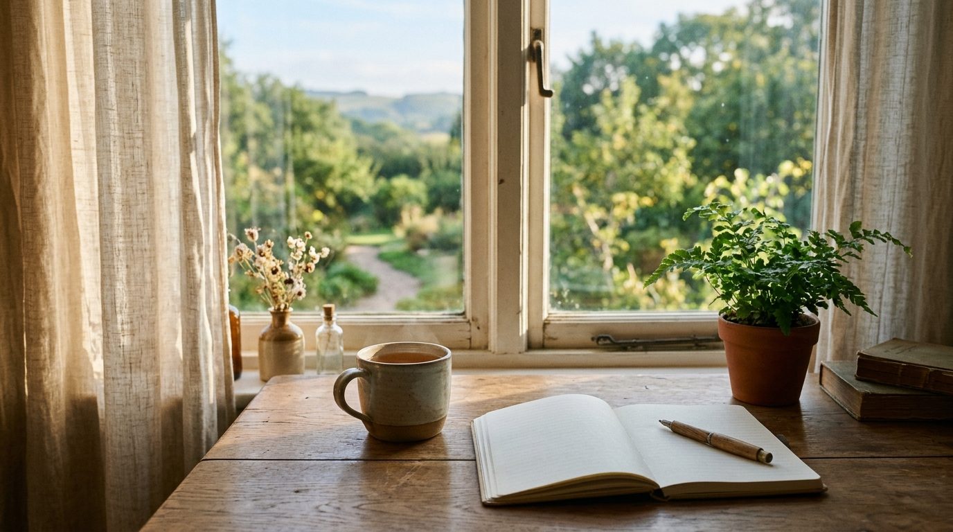 Bureau baigné de lumière douce avec carnet et tasse de thé, symbolisant la sérénité lors des révisions