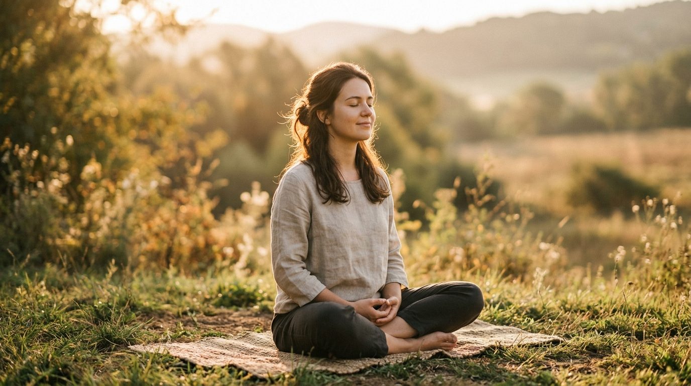 Personne assise paisiblement les yeux fermés en méditation dans une lumière douce et bienveillante