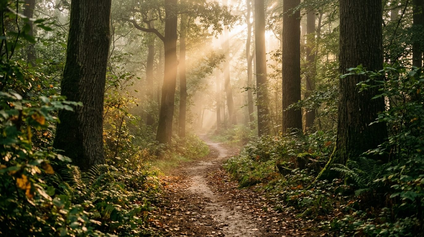 Chemin paisible dans une forêt lumineuse symbolisant la confiance en l'avenir et la paix intérieure