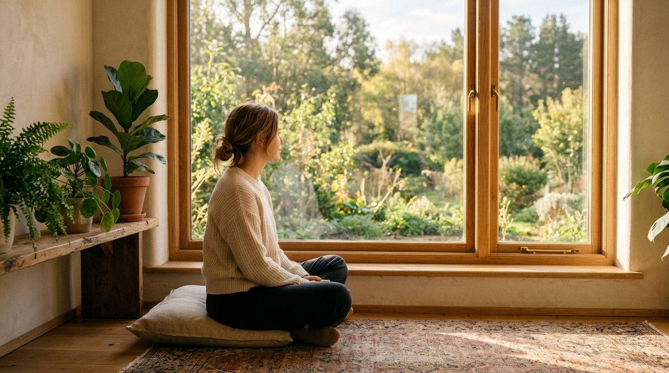 Personne assise paisiblement près d'une fenêtre baignée de lumière douce, évoquant la confiance et la paix intérieure.