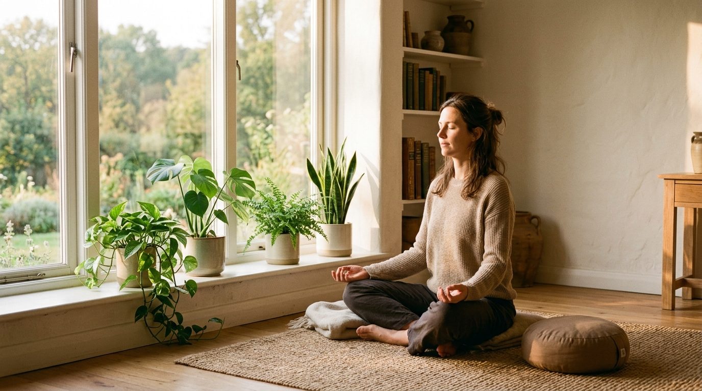 Personne assise en méditation près d'une fenêtre baignée de lumière douce pour apaiser le stress