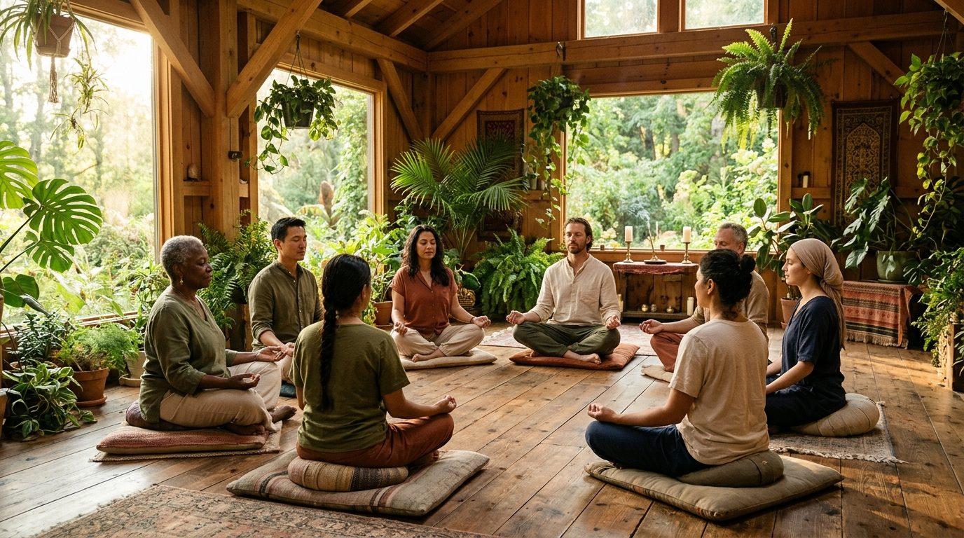 Groupe réuni en cercle pour une séance de méditation apaisante et bienveillante