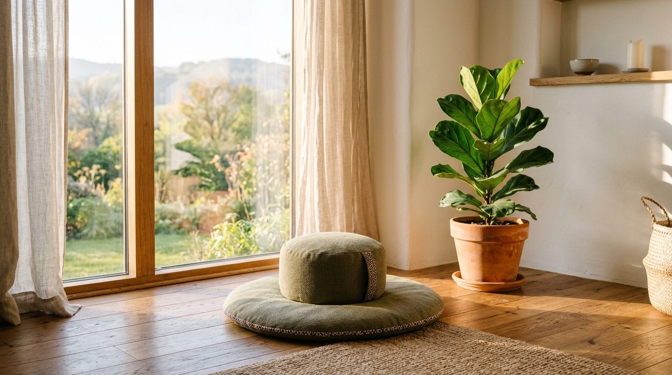 Un coussin de méditation baigné de lumière matinale pour symboliser la paix intérieure et la réduction du stress