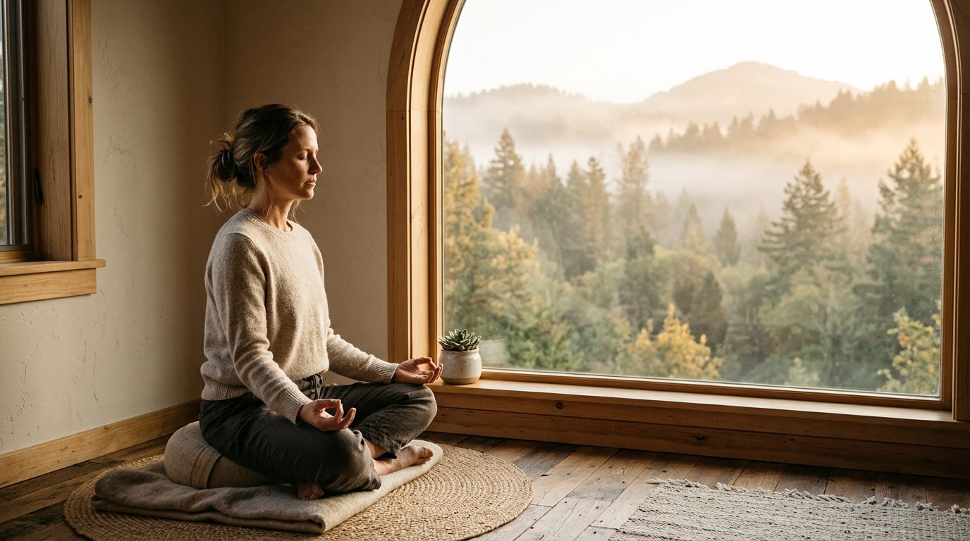 Personne assise paisiblement en méditation face à une lumière matinale douce symbolisant la paix intérieure