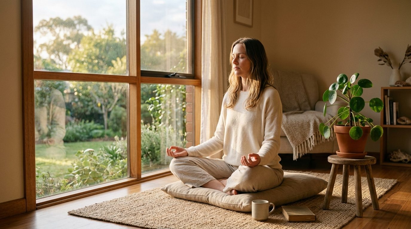 Personne en méditation assise au calme baignée d'une lumière matinale douce propice à la paix intérieure