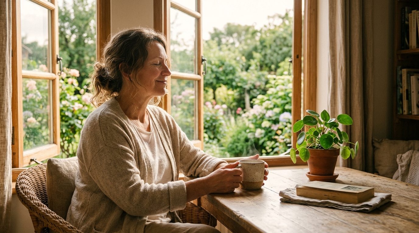 Une personne savourant une tasse de thé dans la clarté du matin pour aborder la journée avec sérénité
