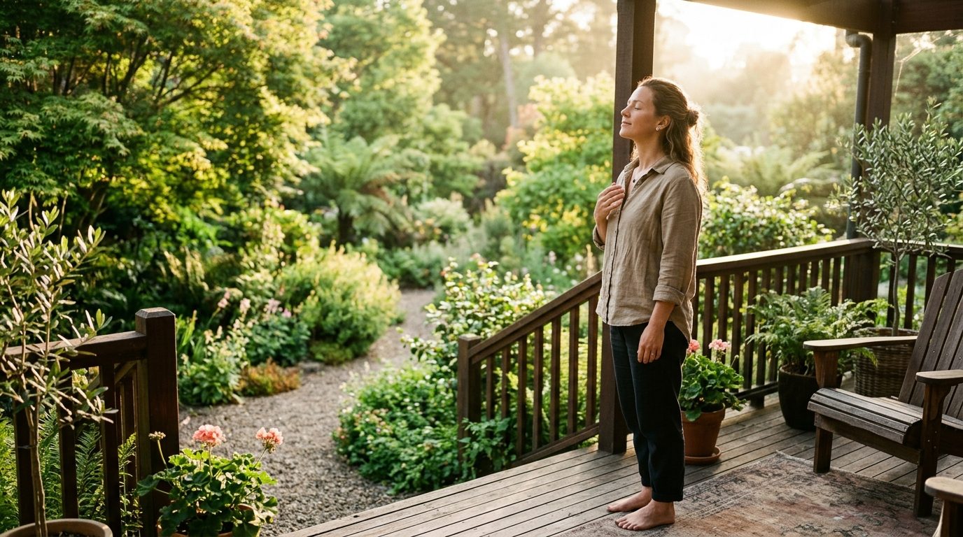 Personne respirant sereinement face à un jardin ensoleillé, illustrant l'apaisement du stress et le retour à la paix intérieure