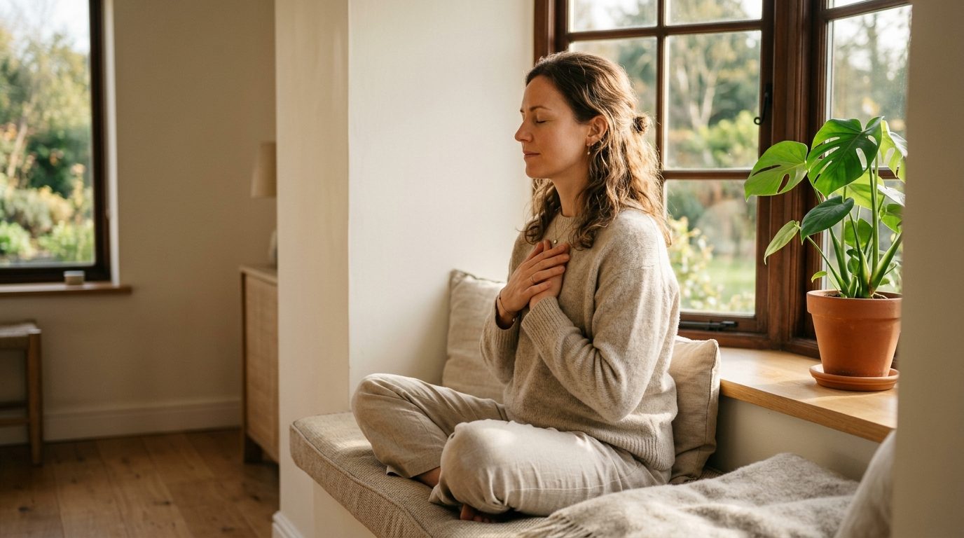 Personne assise paisiblement près d'une fenêtre baignée de lumière pour un moment de méditation et de calme intérieur